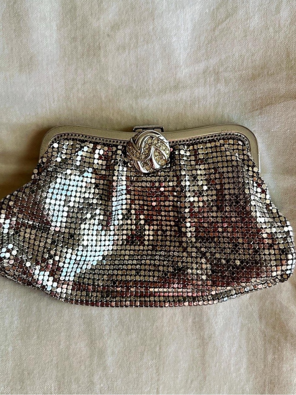 Vintage Whiting and Davis Small Silver Mesh Evening Clutch Bag Round Rhinestone.